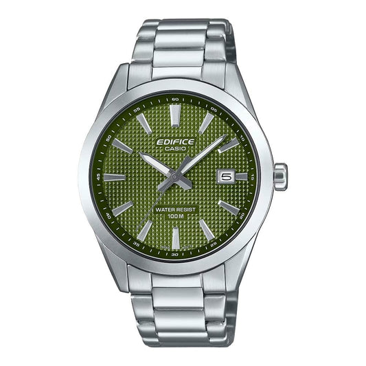 CASIO EDIFICE Mod. CLASSIC DATE - GREEN wristwatch, stainless steel case and bracelet, green dial, quartz movement, 10 ATM water resistance.