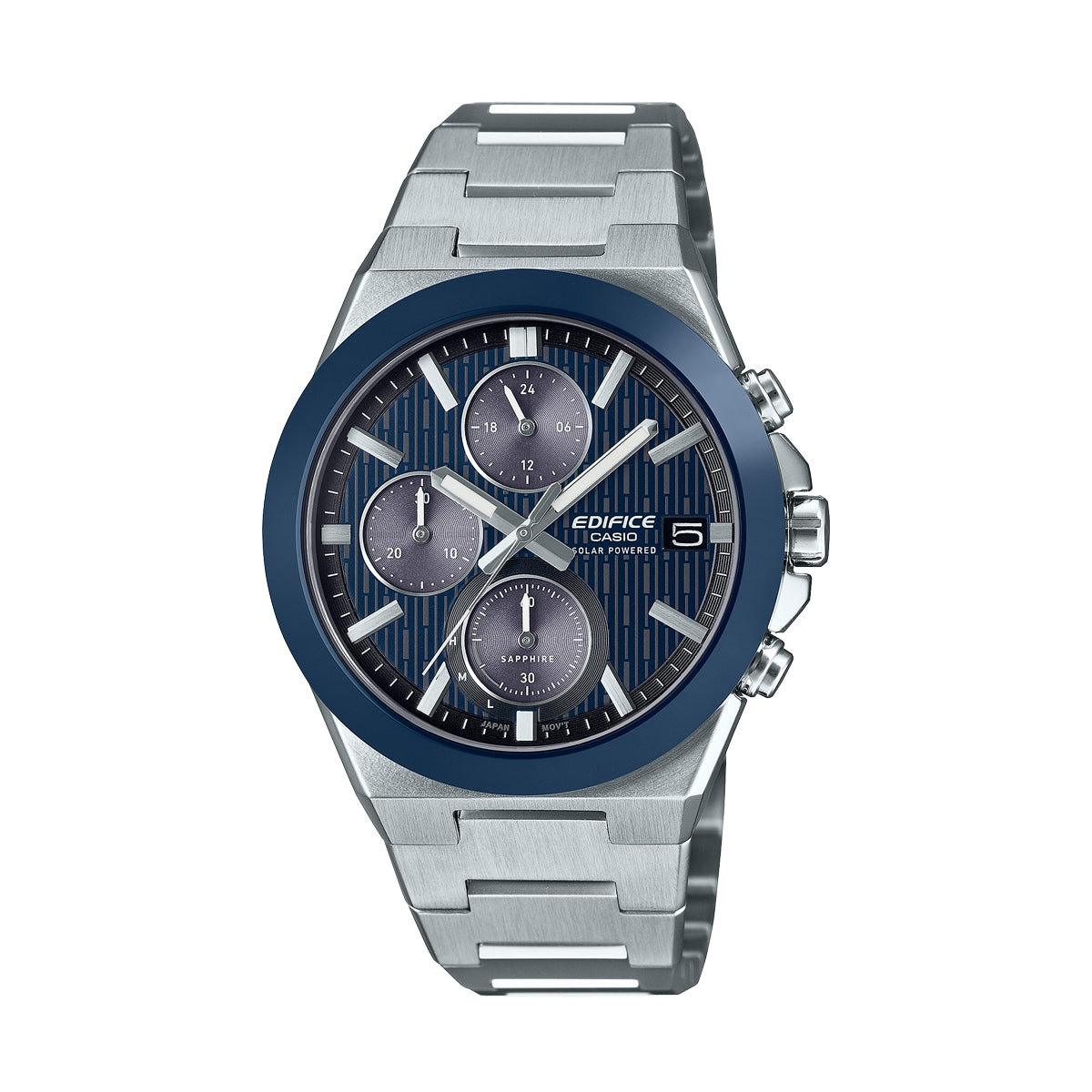 CASIO EDIFICE Mod. SOLAR POWERED CHRONOGRAPH - BLUE, water resistant 10 ATM, stainless steel case and strap, mineral dial wristwatch.