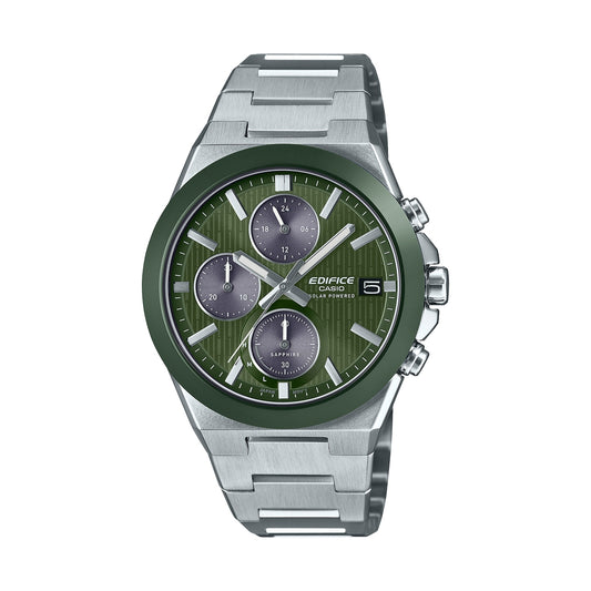 CASIO EDIFICE Mod. SOLAR POWERED CHRONOGRAPH - GREEN with stainless steel case and bracelet, water resistant 10 ATM, featuring chronograph and date.