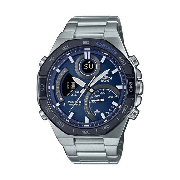 CASIO EDIFICE Mod. SPORT Tough Solar Bluetooth® wristwatch with stainless steel case and strap, water-resistant, multifunction dial.