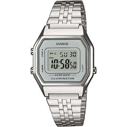 CASIO EU WATCHES Mod. LA680WEA-7EF unisex wristwatch with quartz movement, mineral dial, and SS bracelet. Water resistant, multifunction display.