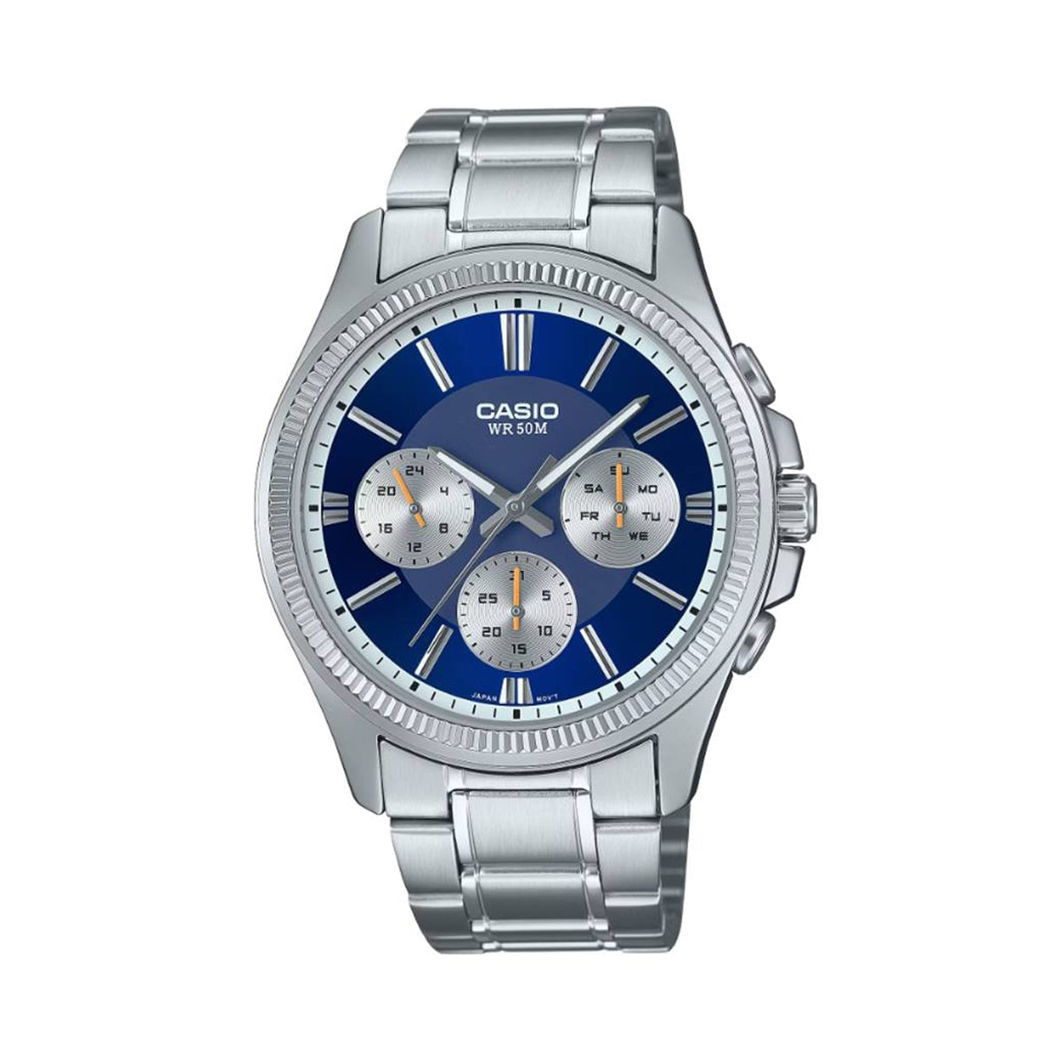 CASIO Mod. DAY DATE MULTIFUNCTION - BLUE, 5 ATM, 43.5mm stainless steel wristwatch, SS bracelet, quartz movement, official packaging.
