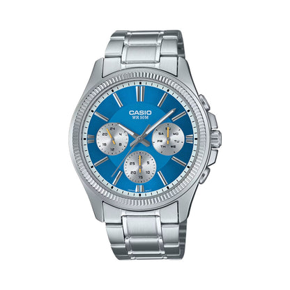 CASIO Mod. DAY DATE MULTIFUNCTION - LIGHT BLUE wristwatch with stainless steel strap, quartz movement, and mineral dial, water resistant 5 ATM.