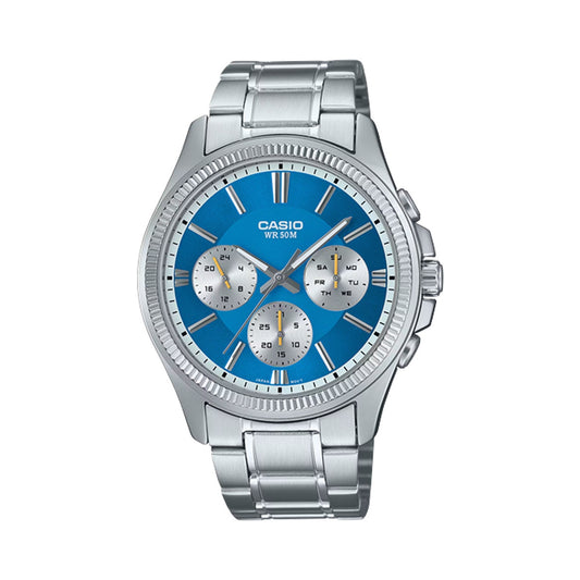 CASIO Mod. DAY DATE MULTIFUNCTION - LIGHT BLUE wristwatch with stainless steel strap and mineral dial, water resistant 5 ATM.