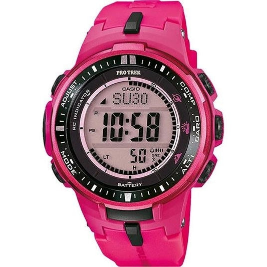 CASIO PRO TREK - THOUGH SOLAR - TRIPLE SENSOR unisex wristwatch with pink resin strap, 5 ATM water resistance, displayed in official packaging.