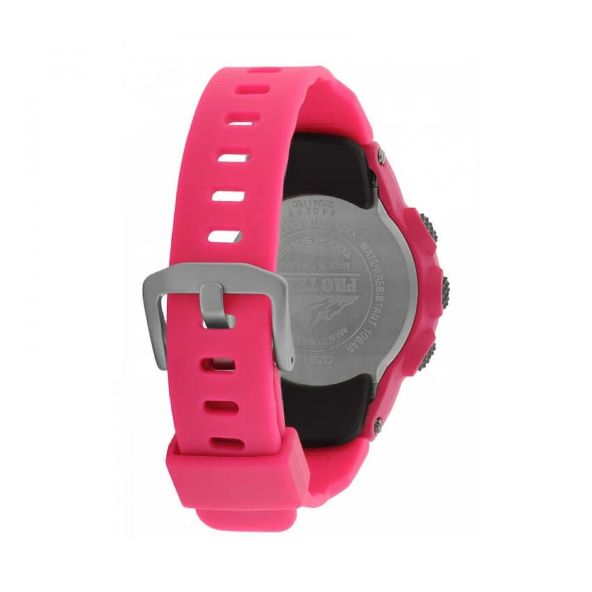 Back view of CASIO PRO TREK - THOUGH SOLAR - TRIPLE SENSOR with pink resin strap and stainless steel buckle.