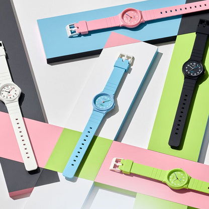 Colorful CASIO TIMELESS COLLECTION Mod. POP - BIO RESIN STRAP - WHITE wristwatches on display showing various strap colors.