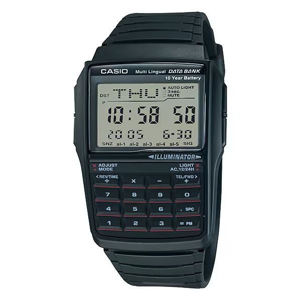 CASIO VINTAGE Mod. DATABANK CALCULATOR - BLACK watch with multifunction features, resin case and strap, quartz movement, 3 ATM water resistance.