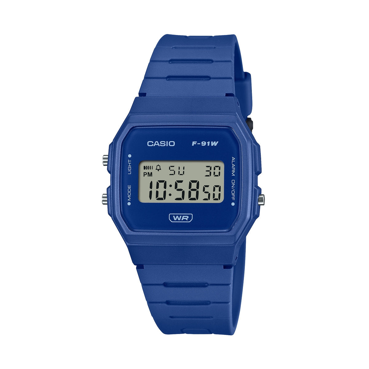 CASIO VINTAGE Mod. F-91 BIO RESIN STRAP - BLUE wristwatch with blue resin strap, multifunction quartz movement, and mineral dial.
