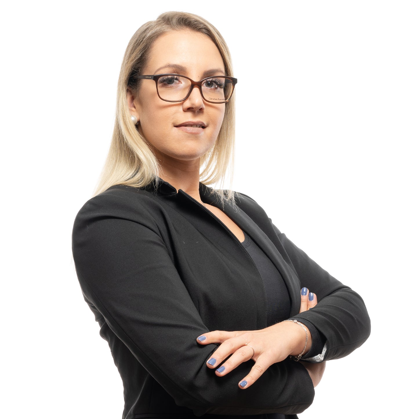 Professional woman wearing optical frame CHRISTIAN LACROIX MOD. CL1093 53155 for ladies, in acetate, with official packaging.