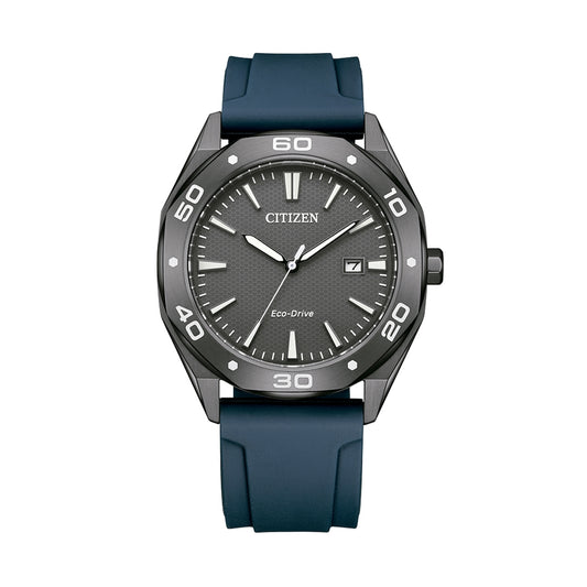 CITIZEN MOD. BM7638-02H men's watch with blue strap and Eco-Drive technology, featuring a black dial and date display.
