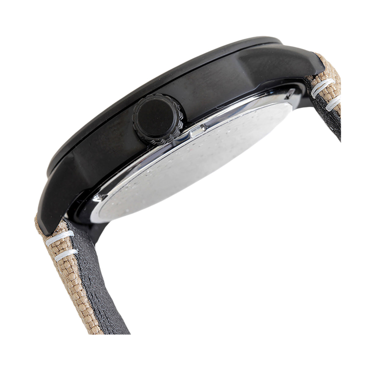 Side view of CITIZEN MOD. BM8476-23E watch with black case and fabric strap.