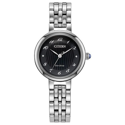CITIZEN MOD. EM0990-81E women's stainless steel Eco-Drive watch with black dial and silver bracelet.