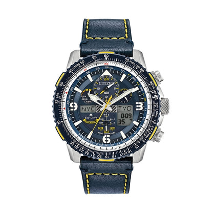 CITIZEN Mod. PROMASTER Skyhawk Blue Angel wristwatch with 20 ATM water resistance, 46mm stainless steel case, leather strap, and quartz movement.