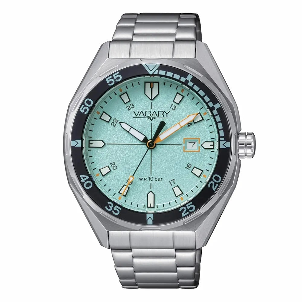 CITIZEN VAGARY MOD. IB9-417-73 elegant men's watch with silver bracelet and teal dial, featuring precise timekeeping and stylish design.