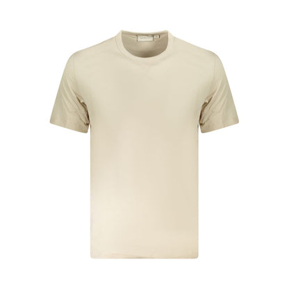 Calvin Klein Beige Cotton Men T-Shirt with iconic logo, eco-friendly short-sleeve design, 95% regenerative cotton, stylish crew neck.