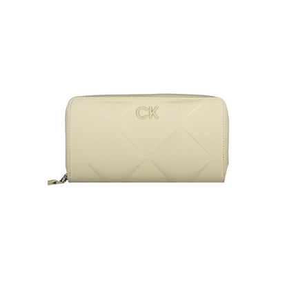 Calvin Klein Beige Polyester Wallet with RFID block, zip closure, and 5 compartments, featuring logo and contrast details.