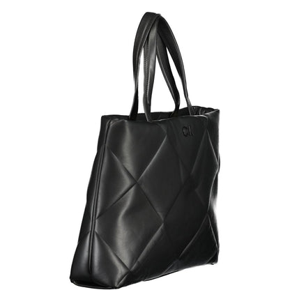 Calvin Klein Black Cotton Handbag with drawstring closure, two handles, and internal document pockets featuring contrasting details.