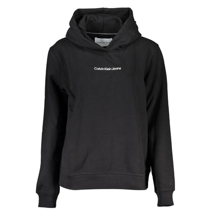 Calvin Klein Black Cotton Sweatshirt with hood, fleece, embroidery, and logo. Long-sleeved transitional cotton sweatshirt.