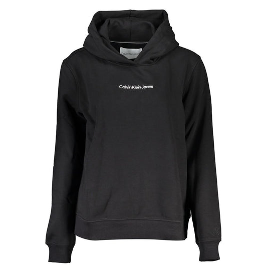 Calvin Klein Black Cotton Sweatshirt with hood, fleece, embroidery, and logo. Long-sleeved transitional cotton sweatshirt.