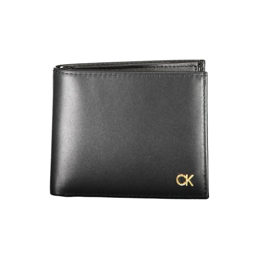 Calvin Klein Black Leather Men Wallet with RFID blocking, dual-compartment design, and coin purse for organized essentials.