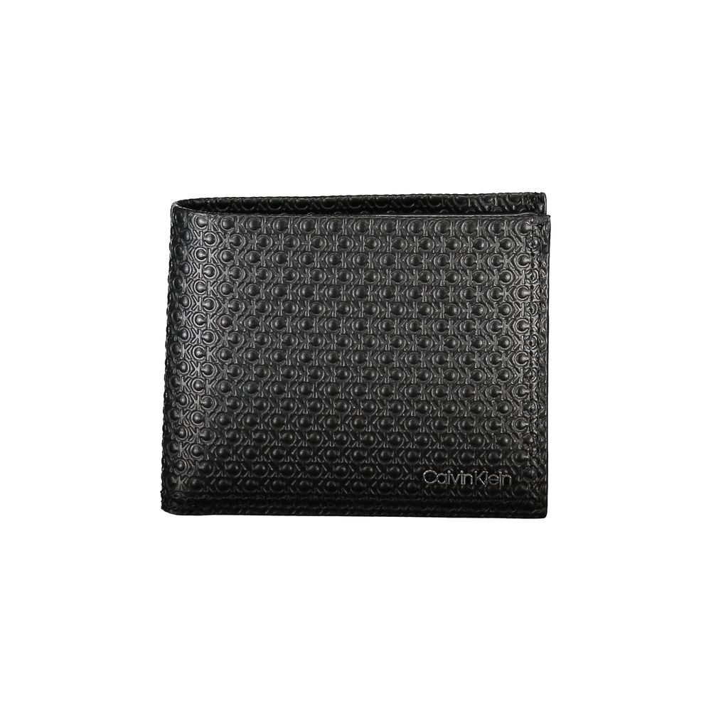 Calvin Klein Black Leather Wallet with RFID block, two compartments, card spaces, and logo detailing.