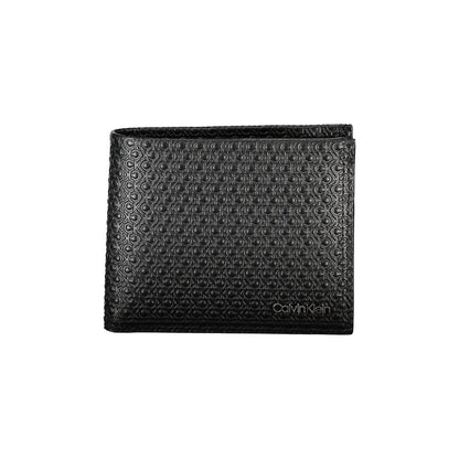 Calvin Klein Black Leather Wallet with RFID block, two compartments, card spaces, and logo detailing.