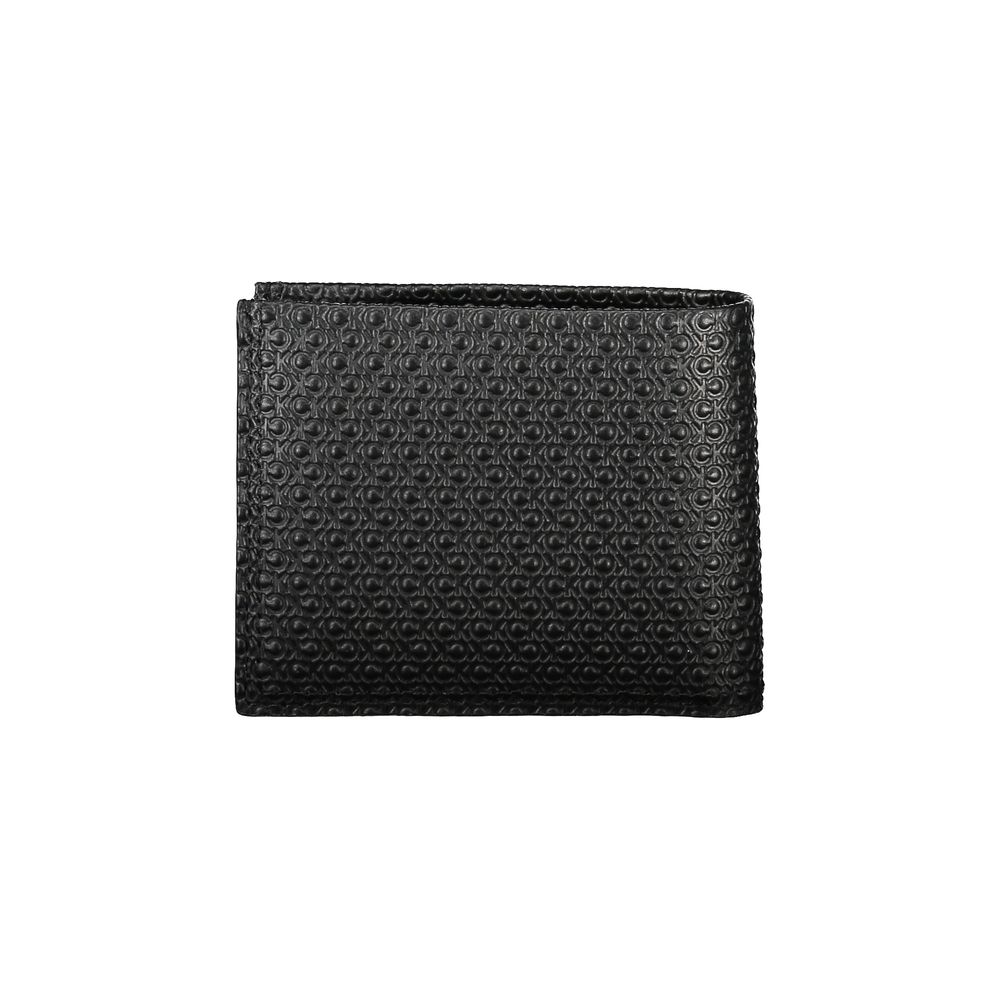 Calvin Klein Black Leather Wallet with logo pattern, dual compartments, card slots, RFID block, and contrast details.