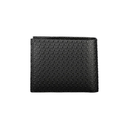 Calvin Klein Black Leather Wallet with logo pattern, dual compartments, card slots, RFID block, and contrast details.
