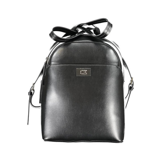 Calvin Klein Black Polyester Backpack with adjustable straps, external and internal pockets, zip closure, and logo made from recycled polyester.