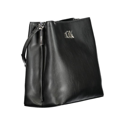 Calvin Klein Black Polyester Handbag with adjustable strap, twist and magnet closure, featuring logo, made of 50% recycled polyester.