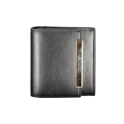 Calvin Klein Black Polyester Wallet with RFID block, external pocket, card spaces, zip, automatic closure, metallic logo detail.