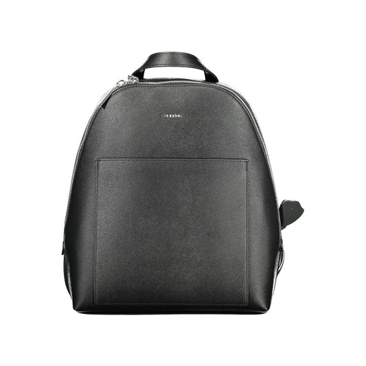 Calvin Klein Black Polyethylene Backpack with handle, adjustable straps, external and internal pockets, zip closure, and logo.