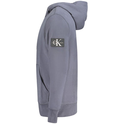 Calvin Klein Blue Cotton Men Sweater with hood, logo patch, and front pocket for casual style