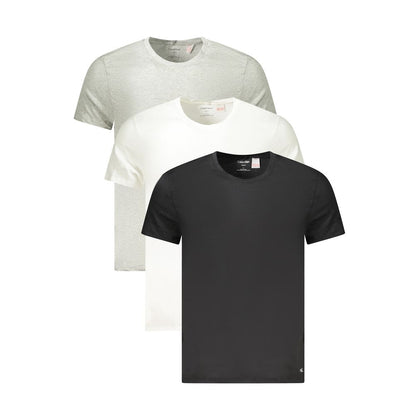 Calvin Klein Gray Cotton Men T-Shirt in tri-pack with white and black options, showcasing embroidered logo, perfect for casual wear.