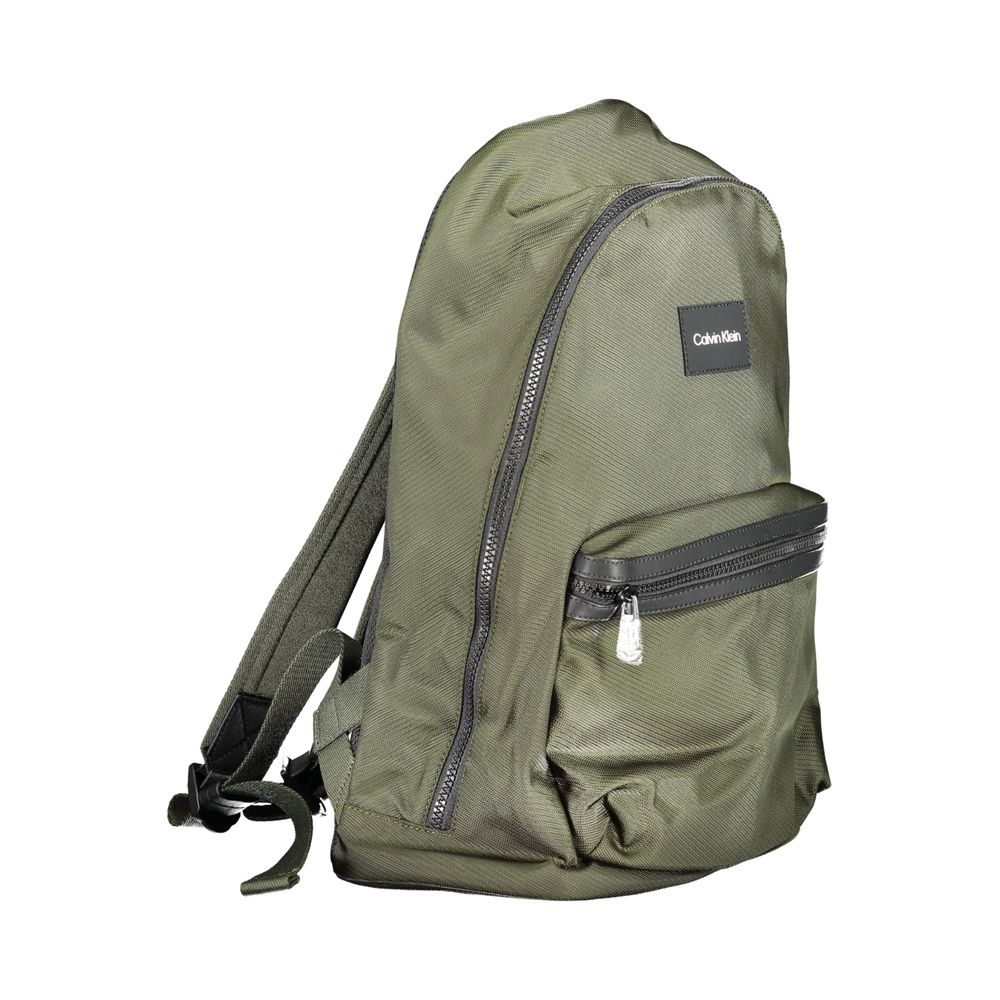 Calvin Klein Green Polyester Backpack with adjustable straps and external pocket, featuring a logo and water-repellent material.