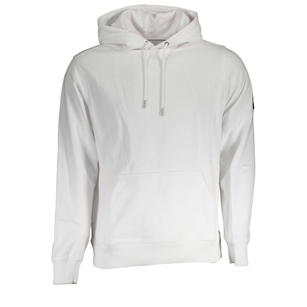 Calvin Klein White Cotton Men's Sweater with long sleeves and central pocket, featuring the iconic Calvin Klein logo for urban style.