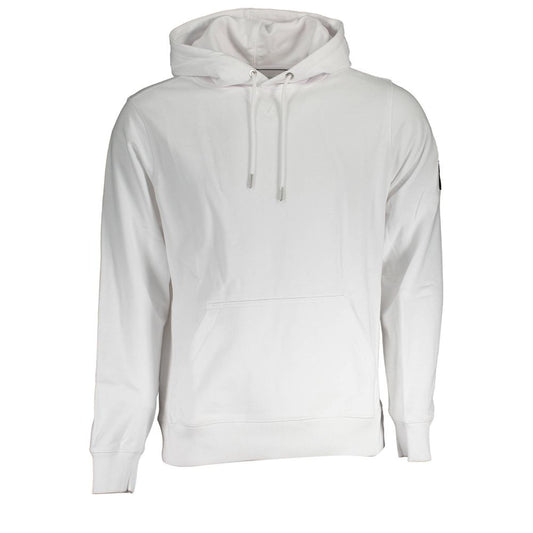 Calvin Klein White Cotton Men's Sweater with long sleeves and central pocket, featuring the iconic Calvin Klein logo for urban style.