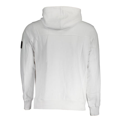 Rear view of Calvin Klein White Cotton Men's Sweater showcasing hood and sleek design.