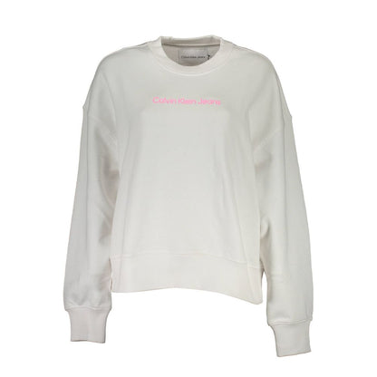 Calvin Klein White Cotton Women Sweater, long-sleeve and crew neck with logo, stylish elegance for a trend-forward wardrobe.
