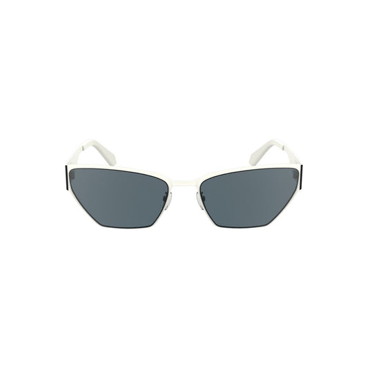 Front view of Calvin Klein White Metal Women Sunglass with sleek cat-eye shape and smoke lenses.