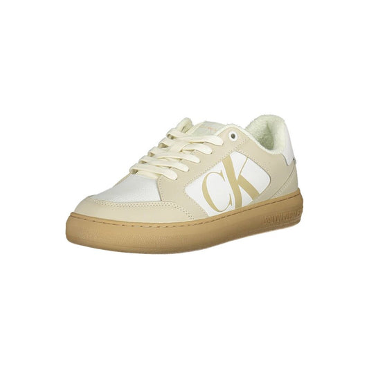 Alt Tag: Calvin Klein White Polyester Sneaker with logo, contrasting sole, and details, made of 50% recycled polyester.