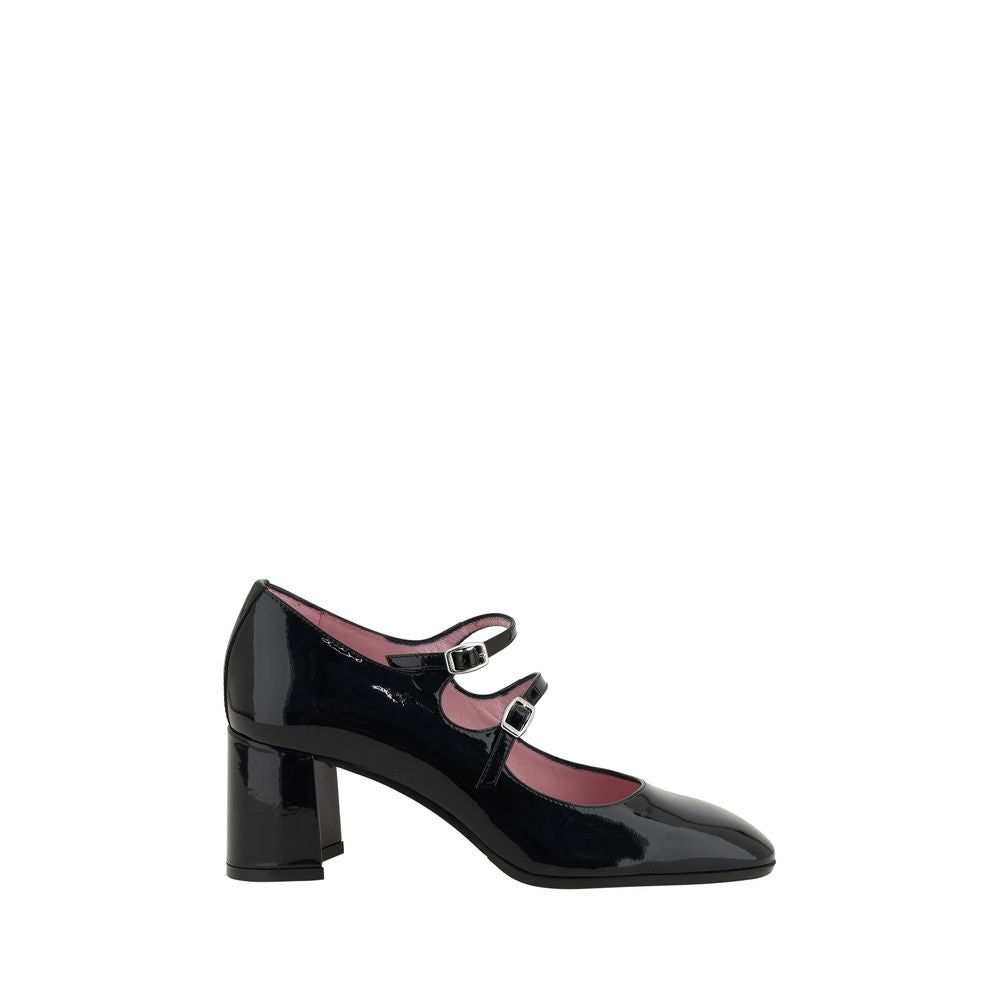 Carel Paris Black Calf Leather Bos Taurus Mid Heel Pumps with patent finish and Mary Jane style straps, 6-cm beveled heel.