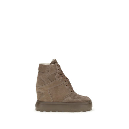 Casadei Beige Calf Leather Bos Taurus Sneakers with wedge design and rubber sole, perfect for style and comfort.