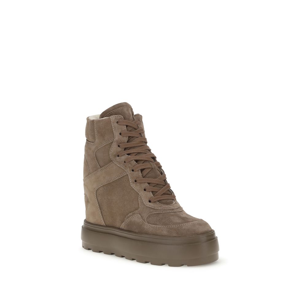 Casadei Beige Calf Leather Bos Taurus Sneakers with suede finish and hidden wedge, featuring lace-up closure and rubber sole.