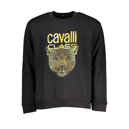 Cavalli Class Black Cotton Women Sweater with bold print and iconic logo on front, long sleeves, and fleece texture for casual chic style.