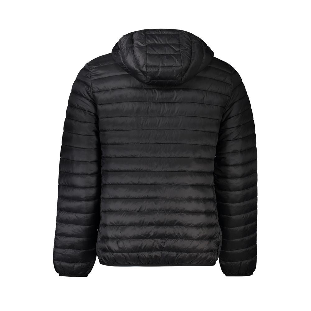 Rear view of Cavalli Class Black Polyamide Men's Jacket with hood, highlighting the quilted design and sleek finish.