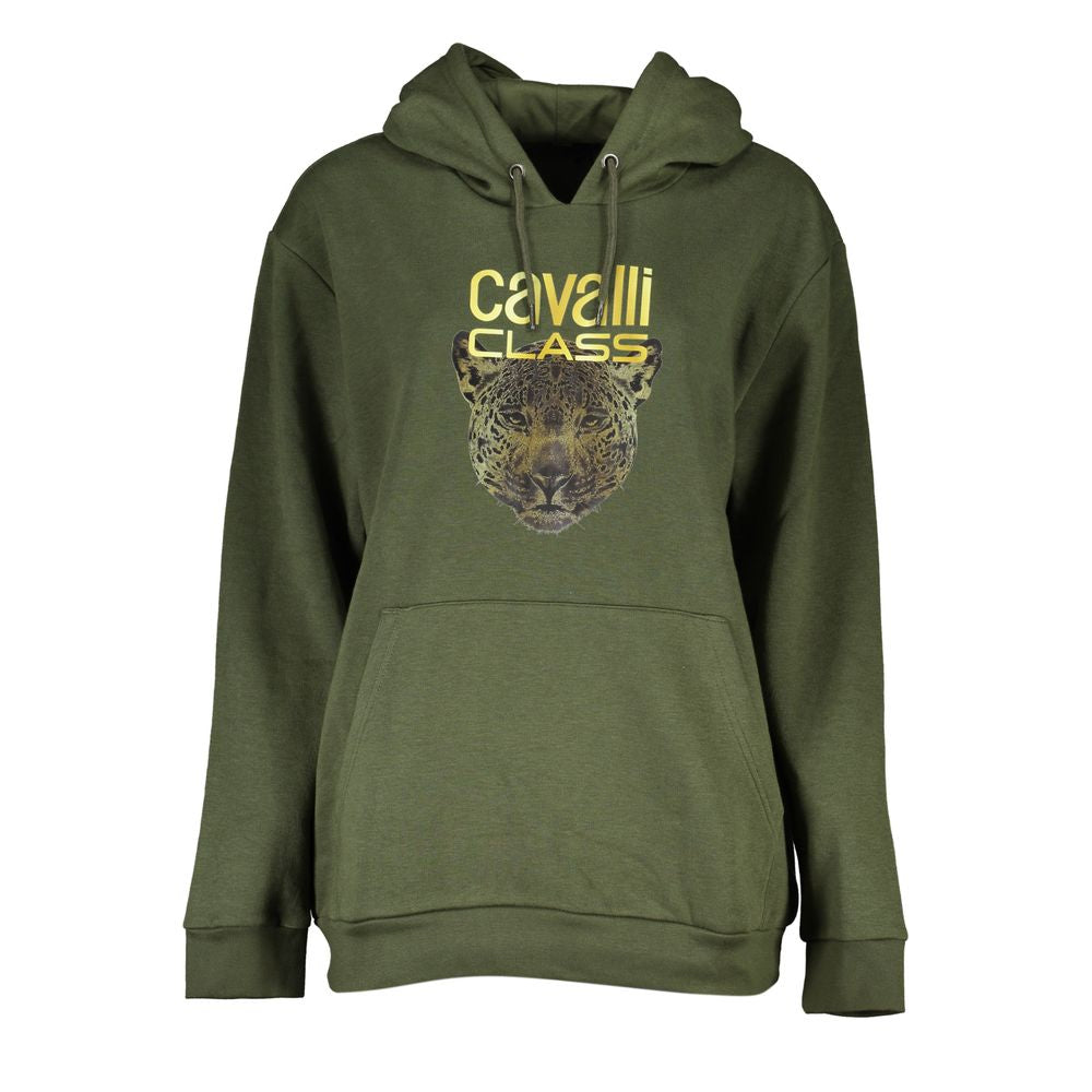 Alt Tag: Cavalli Class Green Cotton Women Sweater with hood and logo print, combining sophistication and comfort.