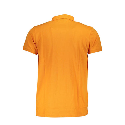 Back view of Cavalli Class Orange Cotton Men Polo Shirt showcasing vibrant hue and classic design.