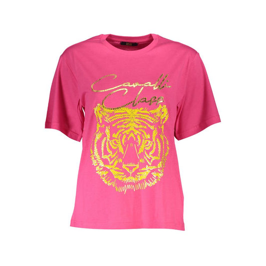 Cavalli Class Pink Cotton Women T-Shirt with vibrant tiger print, round-neck, and iconic logo, perfect for a stylish and comfortable look.